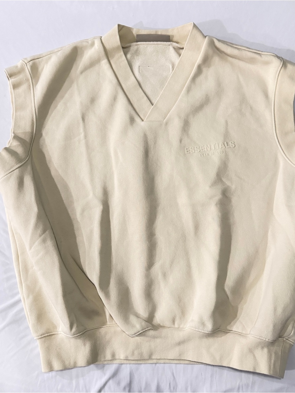 Essentials Cream V-Neck Pullover with Embossed Logo